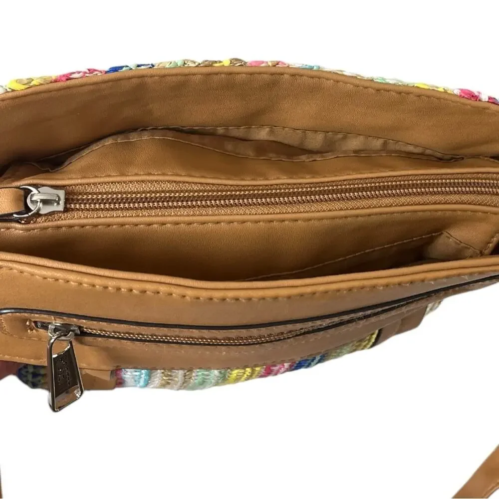 Rossetti Crossbody Bag Pink Blue Yellow Tan Woven Fabric Faux Leather Medium